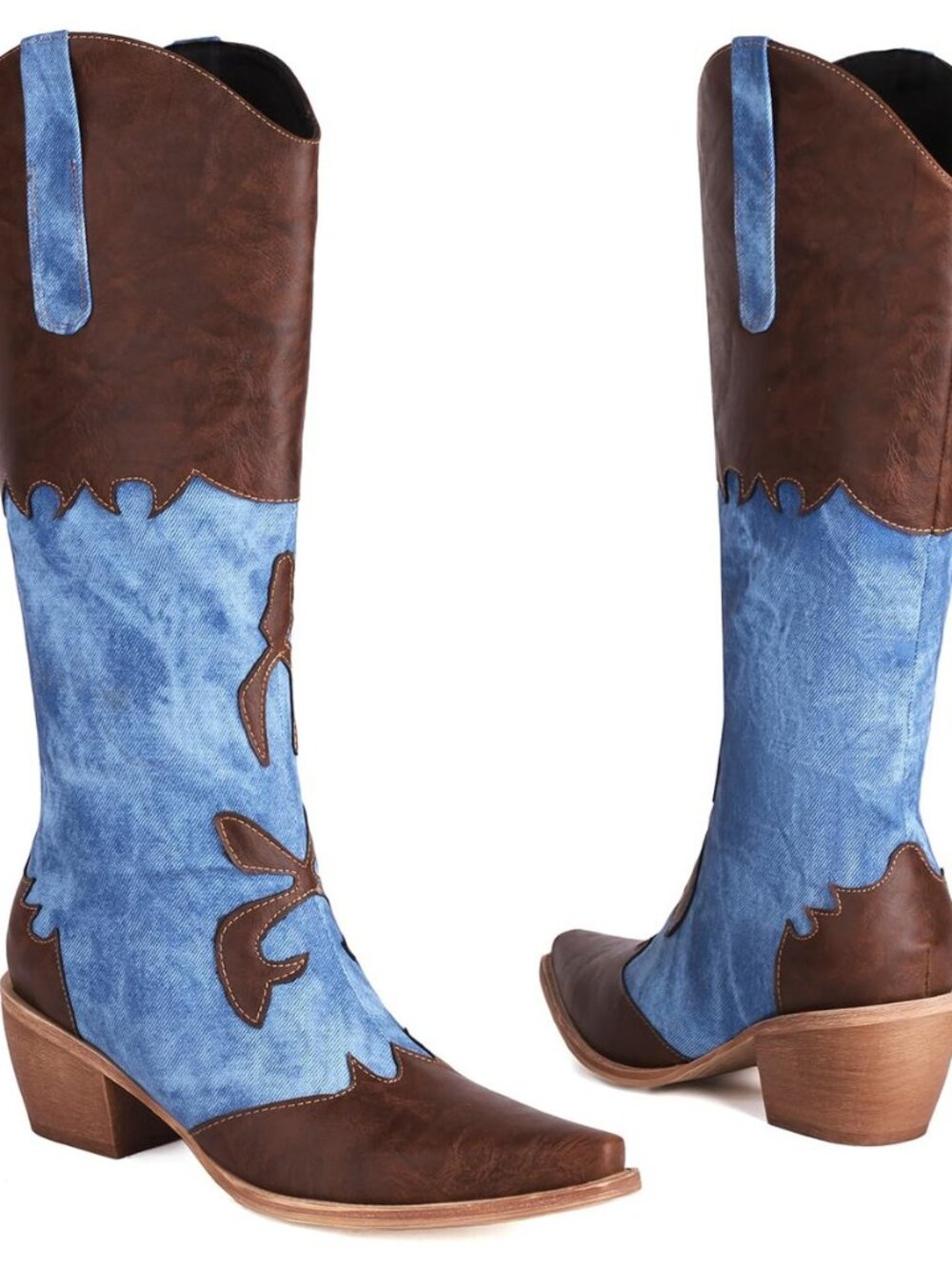 Women Denim Cowboy Boots Patchwork Knee High Boots Jean Blue Cowgirl Boot